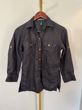 Ralph Lauren Black Linen Button-Up with Gold Buttons